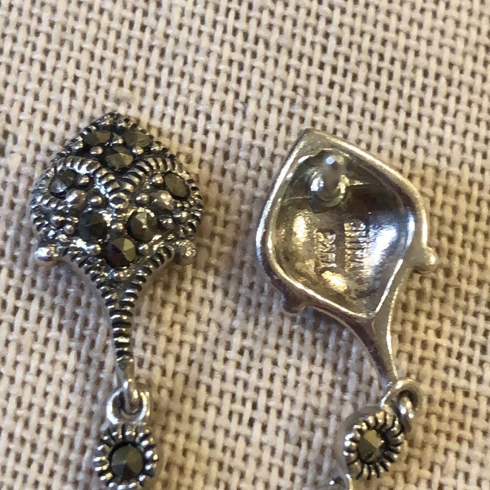 Vintage Red Garnet and Marcasite Long Drop Dangle Sterling Silver Earrings - Picture 2 of 14